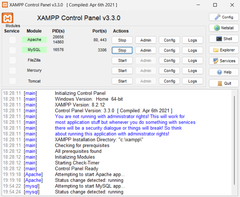 XAMPP Control Panel